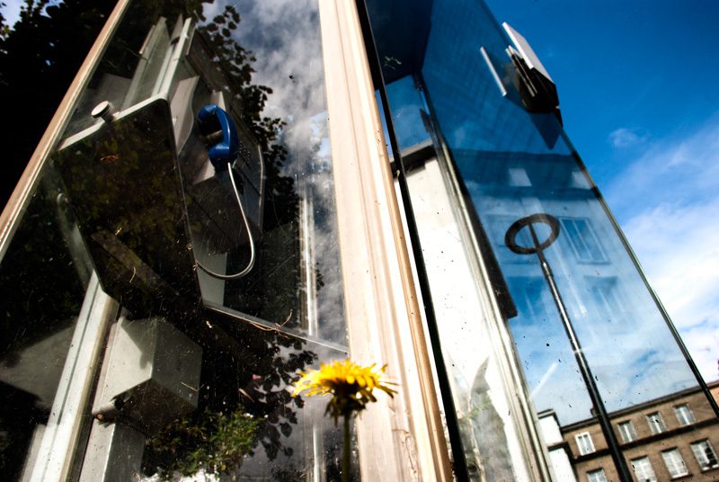 Le point de vue en photographie-contre-plongée-cabine téléphonique avec fleur au premier plan