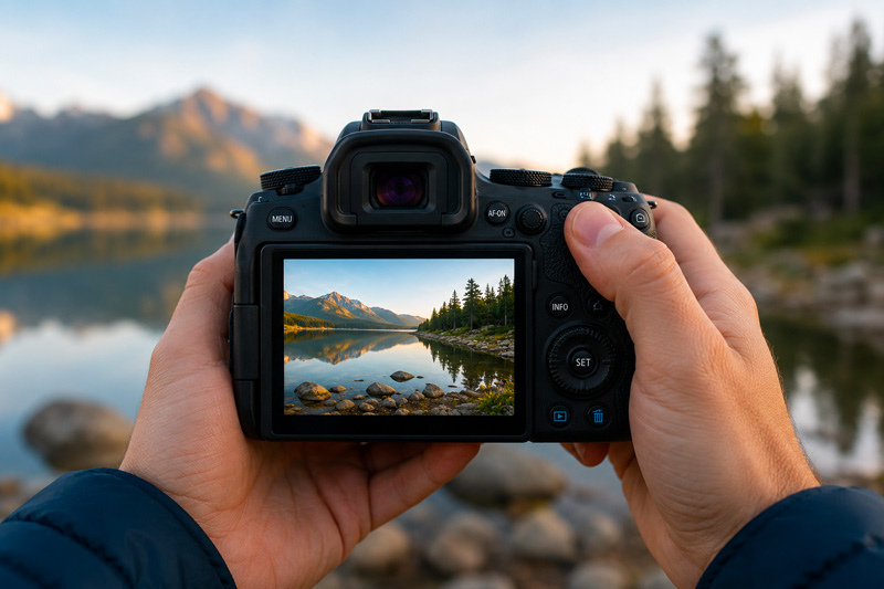 Une personne tient un appareil photo en main face à un lac et des montagnes