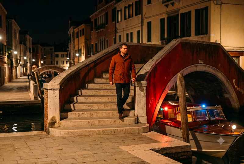 Homme sur les marches d'un pont à Venise.