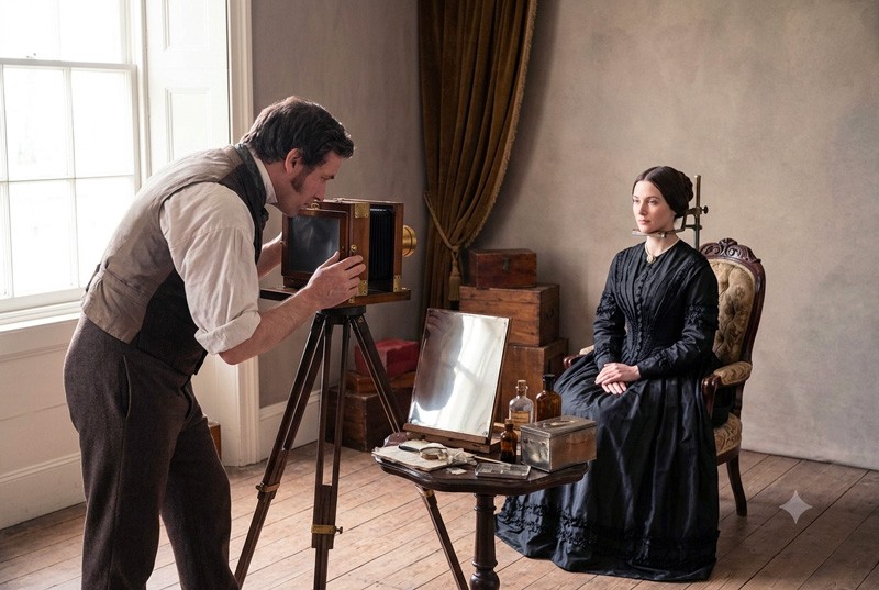 Daguerréotypiste en gilet ajustant sa chambre en bois face à une dame assise attendant son portrait.
