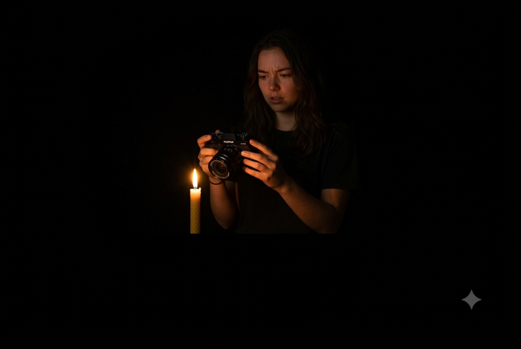 Une jeune femme photographie une bougie allumée dans le noir.