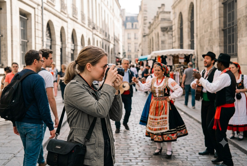 Une photographe capture l'énergie d'une performance de rue traditionnelle dans une ville historique ensoleillée.