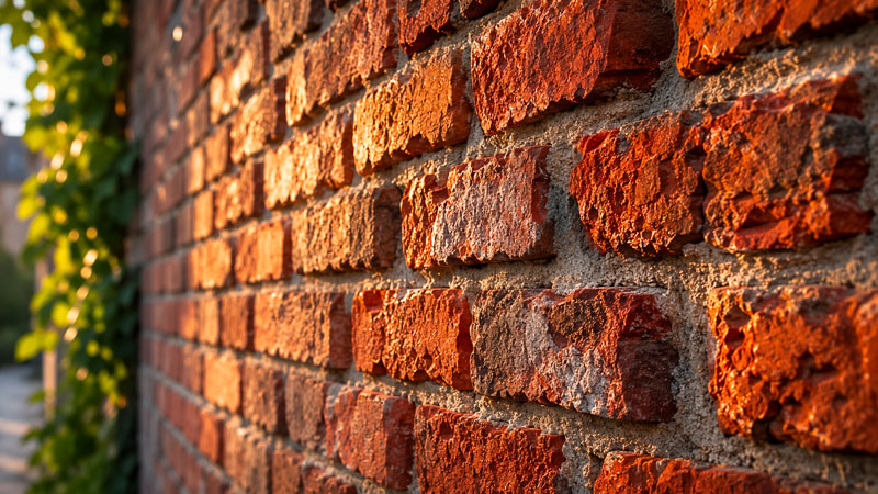 Mur de vieilles briques rouges photographiées de biais avec maîtrise de la profondeur de champ.