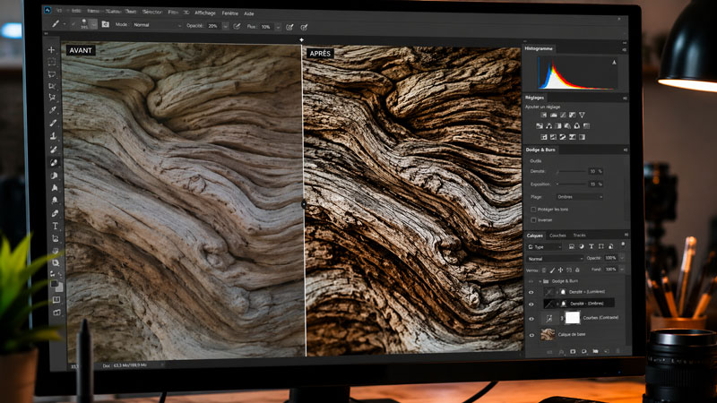 Écran d'ordinateur traitant de la netteté de la texture d'un bois flotté