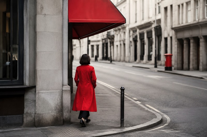 Femme en manteau rouge marchant dans une rue urbaine aux tons gris, avec plusieurs rappels rouges dans la scène.